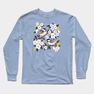 Chickadee birds among the flowers Long Sleeve T-Shirt